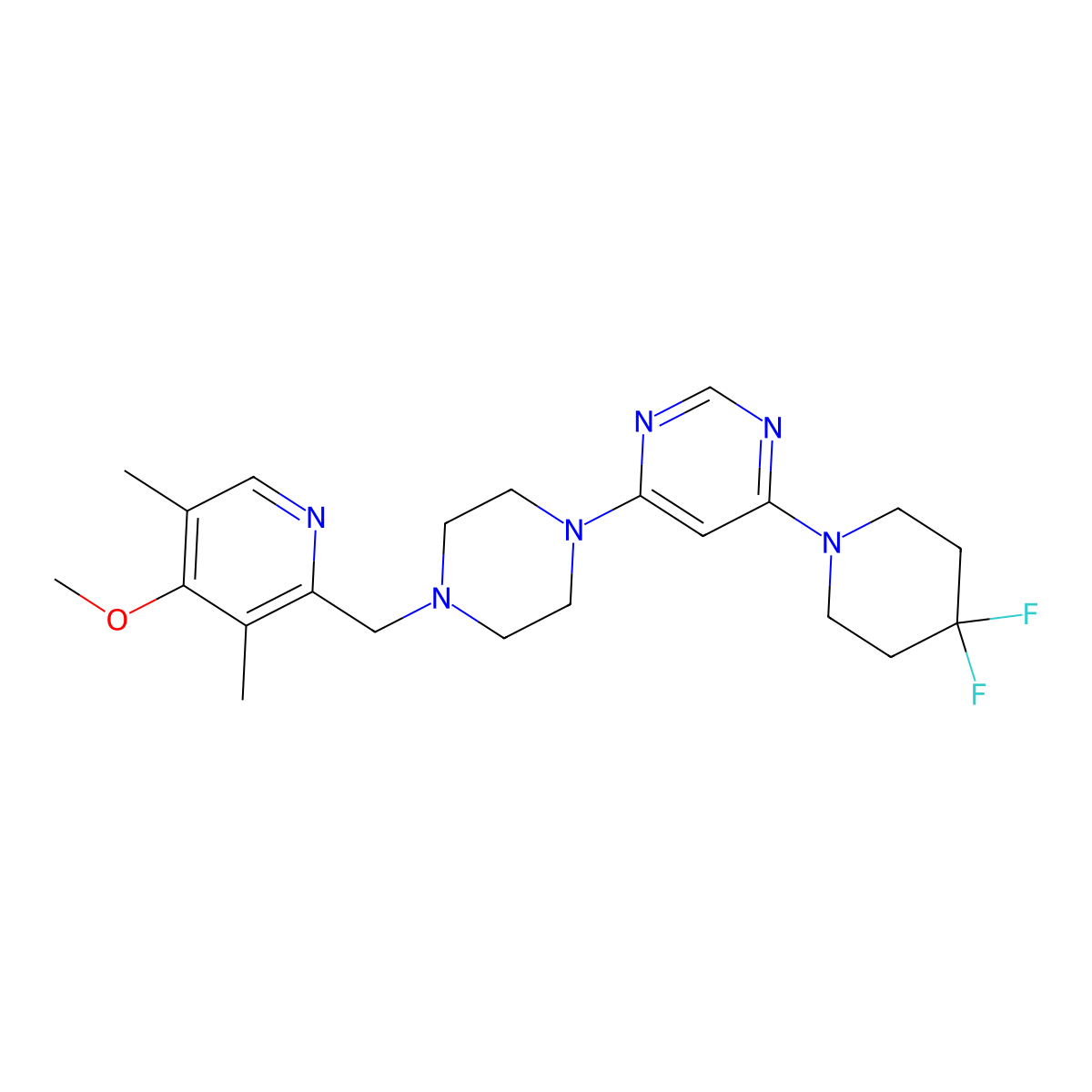 4-(4,4-Difluoropiperidin-1-yl)-6-{4-[(4-methoxy-3,5-dimethylpyridin-2-yl)methyl]piperazin-1-yl}pyrimidine molecular structure, CAS 3054564-98-3