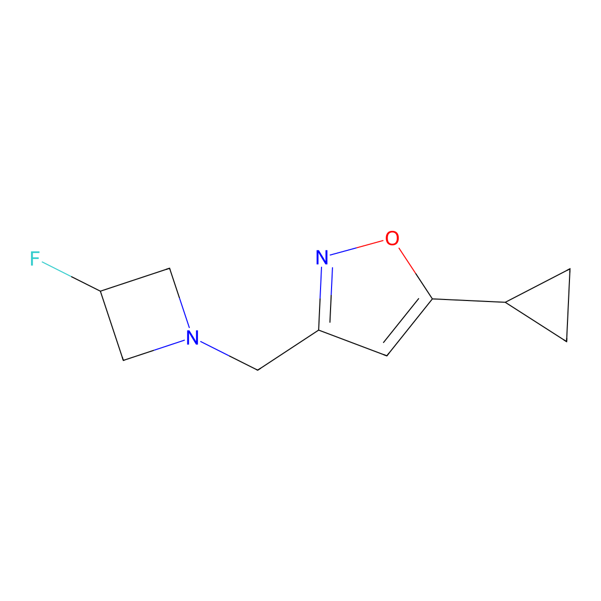 5-Cyclopropyl-3-[(3-fluoroazetidin-1-yl)methyl]-1,2-oxazole molecular structure, CAS 3054564-99-4