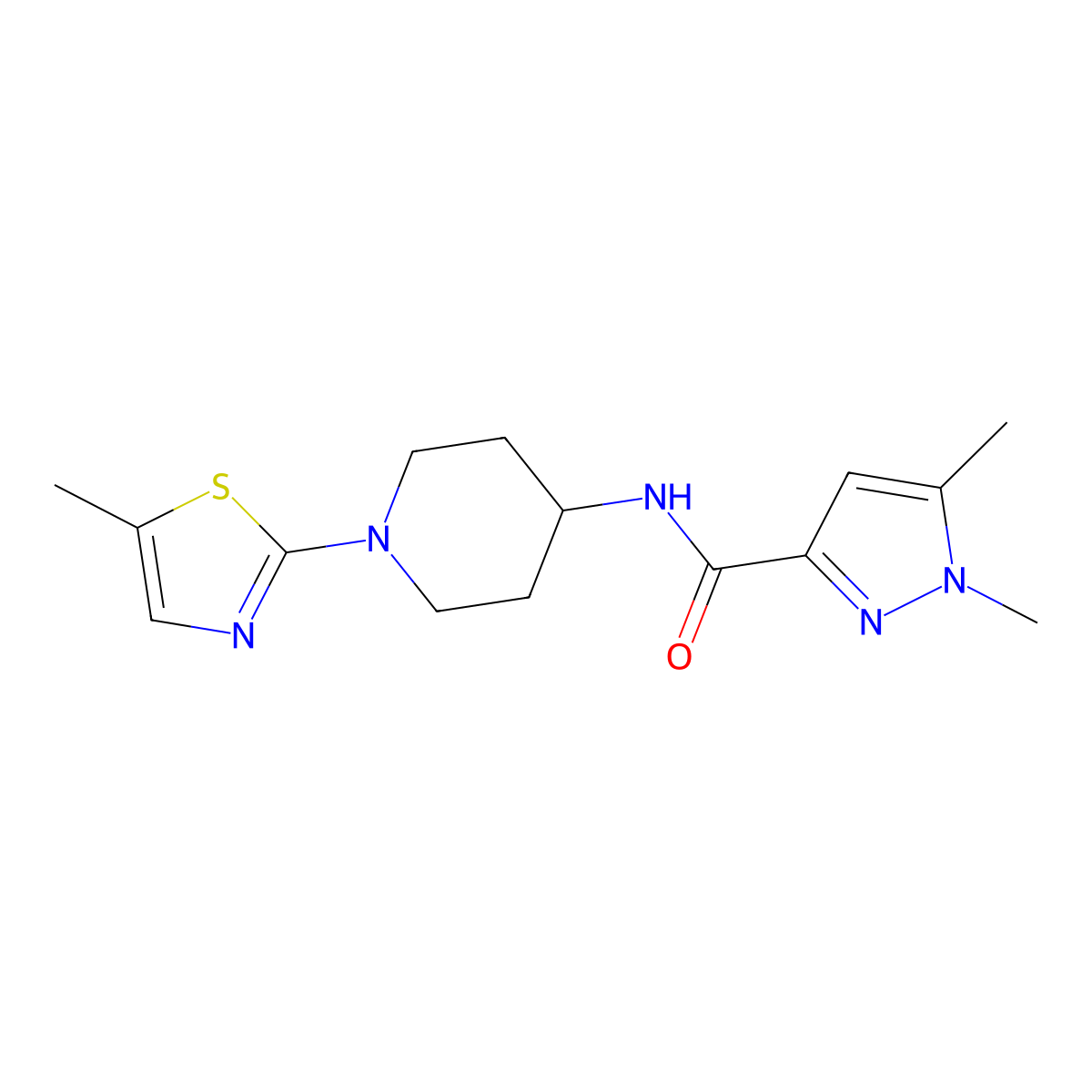 1,5-dimethyl-N-[1-(5-methyl-1,3-thiazol-2-yl)piperidin-4-yl]-1H-pyrazole-3-carboxamide molecular structure, CAS 3054565-05-5