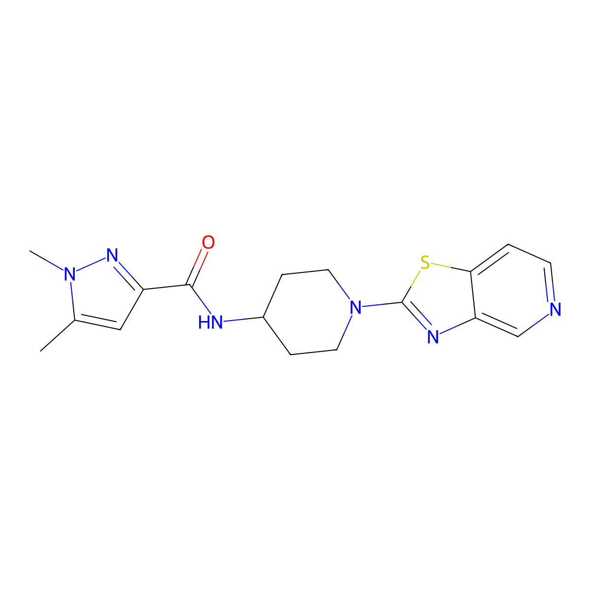 1,5-dimethyl-N-(1-{[1,3]thiazolo[4,5-c]pyridin-2-yl}piperidin-4-yl)-1H-pyrazole-3-carboxamide molecular structure, CAS 3054565-16-8