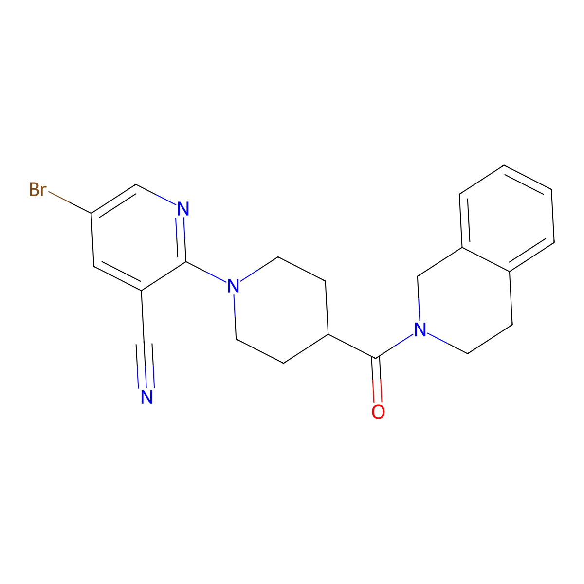 5-Bromo-2-[4-(1,2,3,4-tetrahydroisoquinoline-2-carbonyl)piperidin-1-yl]pyridine-3-carbonitrile molecular structure, CAS 3054565-30-6