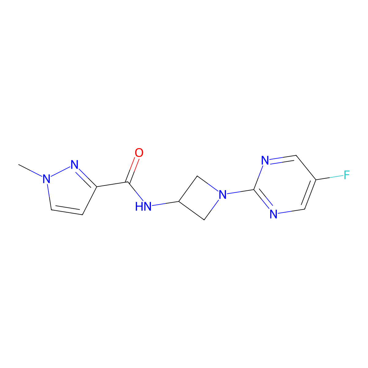N-[1-(5-fluoropyrimidin-2-yl)azetidin-3-yl]-1-methyl-1H-pyrazole-3-carboxamide molecular structure, CAS 3054565-34-0