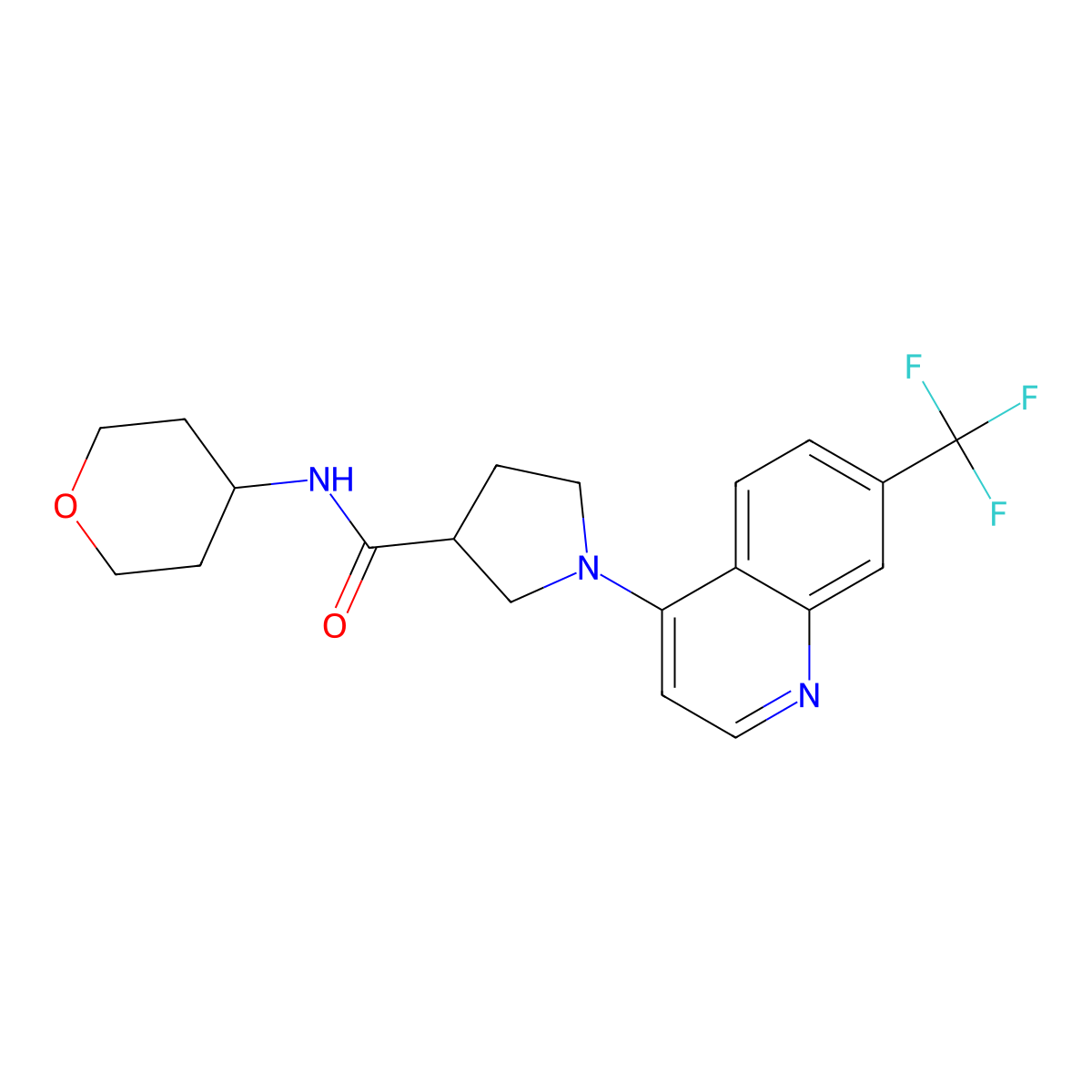 N-(oxan-4-yl)-1-[7-(trifluoromethyl)quinolin-4-yl]pyrrolidine-3-carboxamide molecular structure, CAS 3054565-41-9
