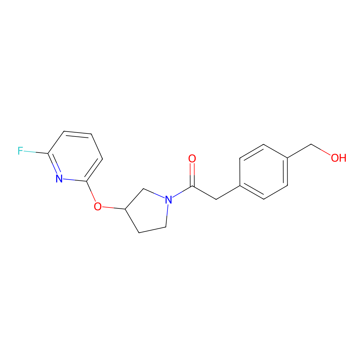1-{3-[(6-Fluoropyridin-2-yl)oxy]pyrrolidin-1-yl}-2-[4-(hydroxymethyl)phenyl]ethan-1-one molecular structure, CAS 3054565-44-2