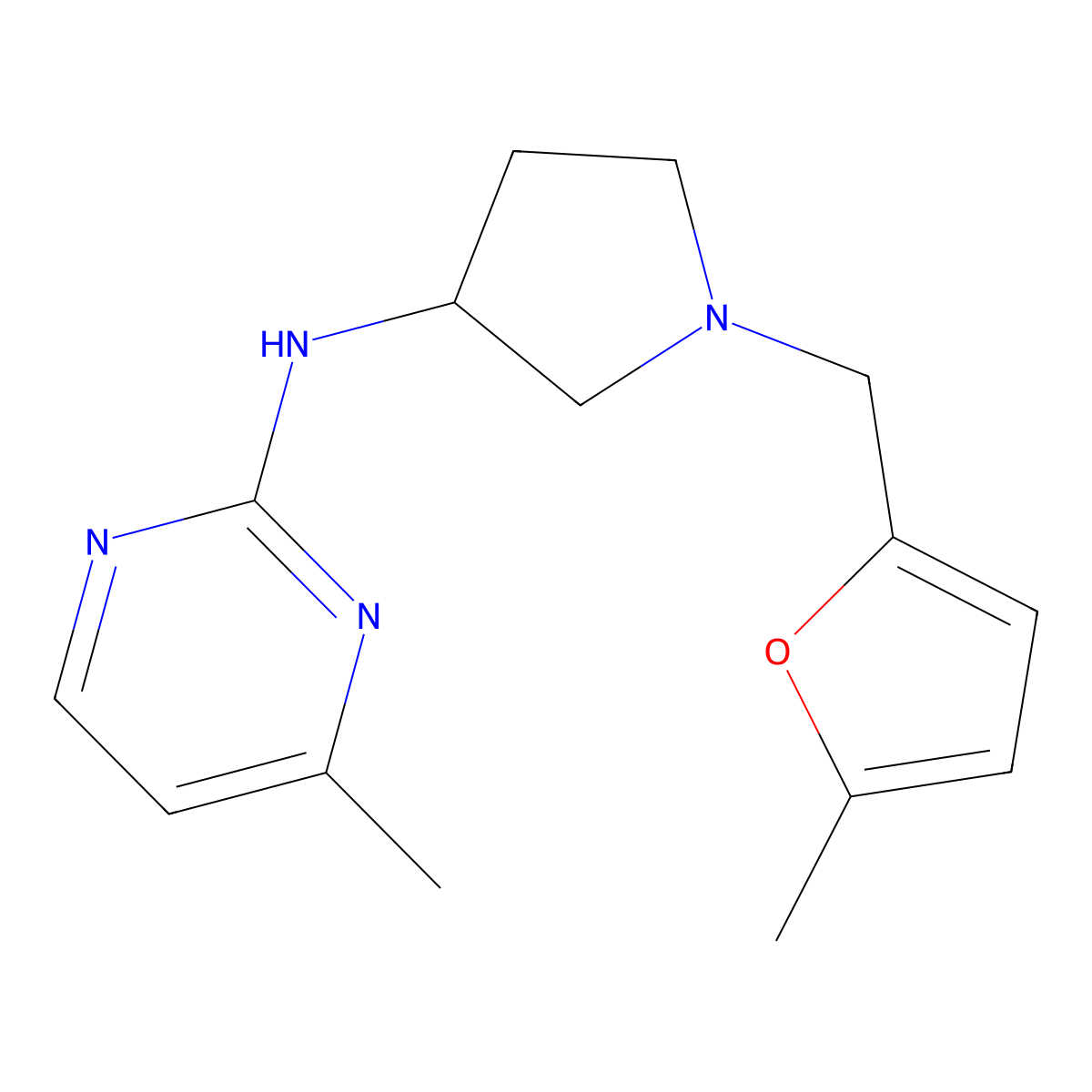 4-methyl-N-{1-[(5-methylfuran-2-yl)methyl]pyrrolidin-3-yl}pyrimidin-2-amine molecular structure, CAS 3054565-45-3