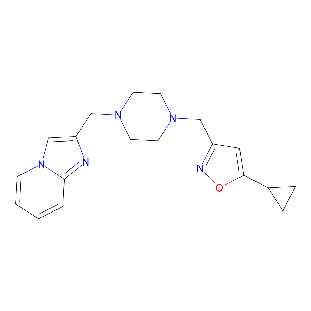 1-[(5-Cyclopropyl-1,2-oxazol-3-yl)methyl]-4-({imidazo[1,2-a]pyridin-2-yl}methyl)piperazine molecular structure, CAS 3054565-51-1