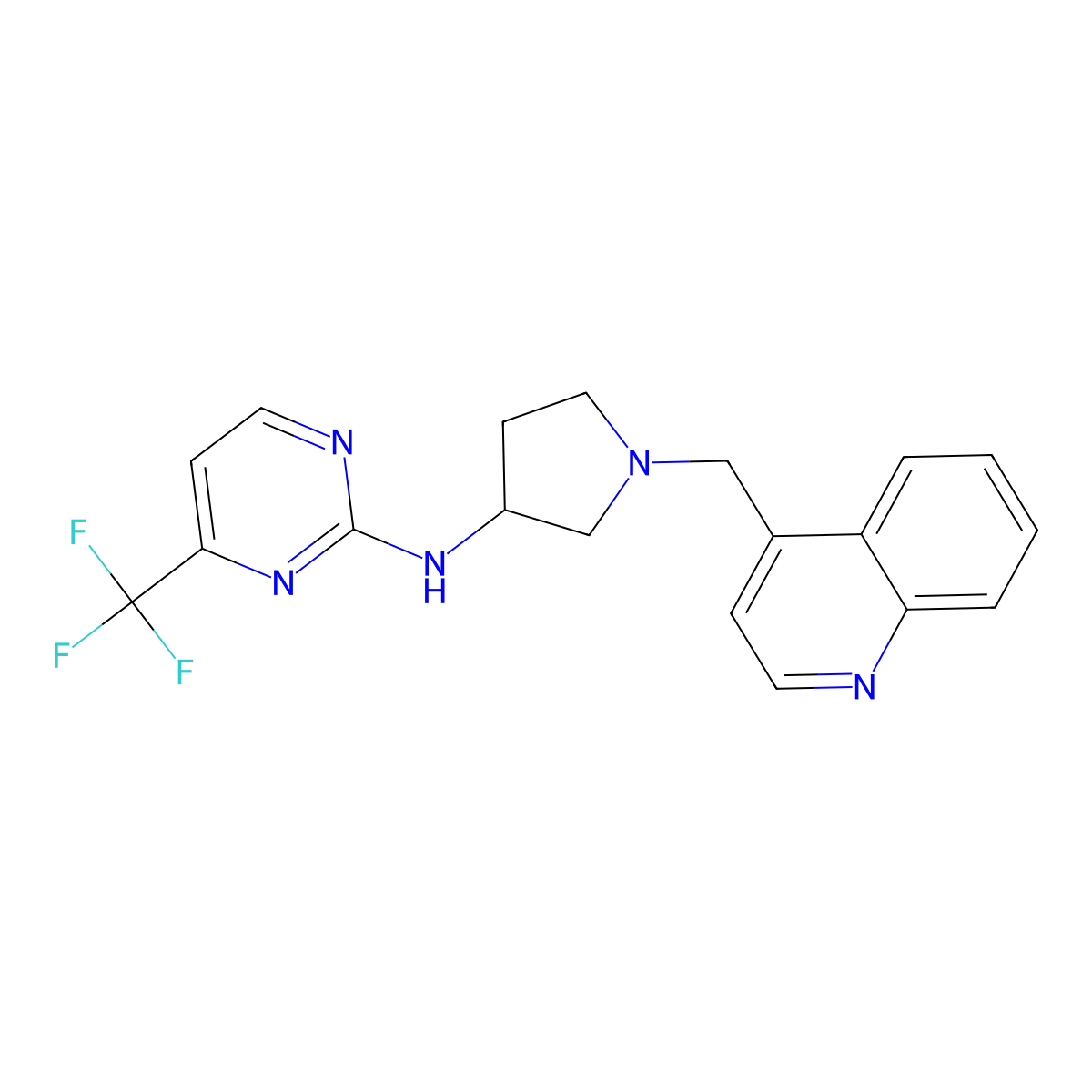 N-{1-[(quinolin-4-yl)methyl]pyrrolidin-3-yl}-4-(trifluoromethyl)pyrimidin-2-amine molecular structure, CAS 3054565-55-5
