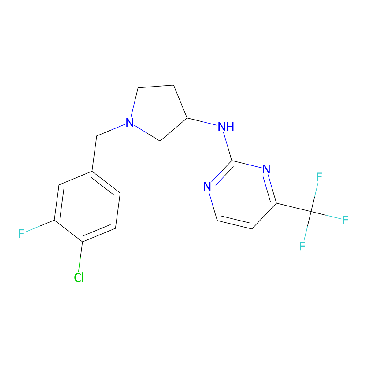 N-[1-[(4-chloro-3-fluorophenyl)methyl]pyrrolidin-3-yl]-4-(trifluorome+)pyrimidin-2-amine molecular structure, CAS 3054565-71-5