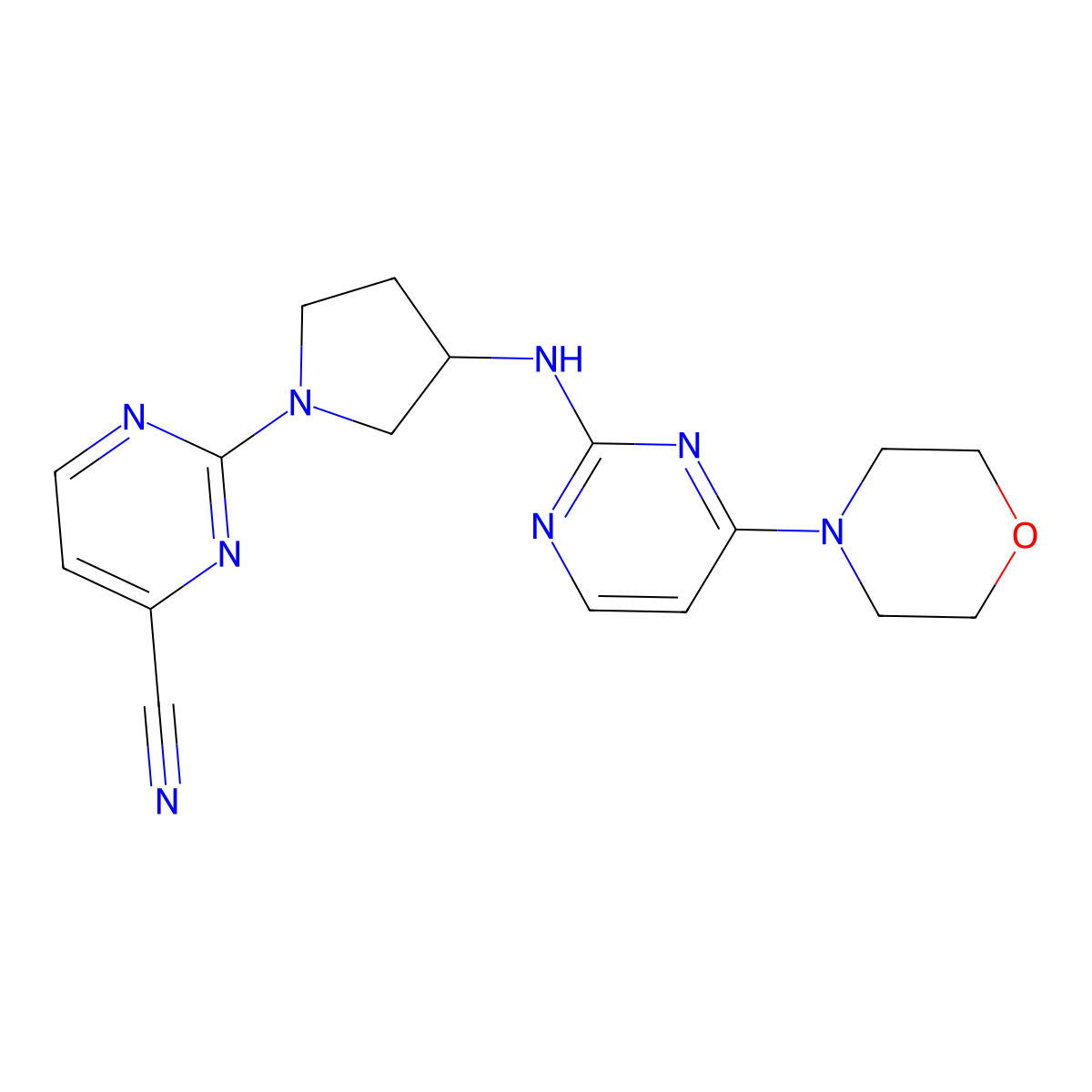 2-(3-{[4-(Morpholin-4-yl)pyrimidin-2-yl]amino}pyrrolidin-1-yl)pyrimidine-4-carbonitrile molecular structure, CAS 3054565-75-9