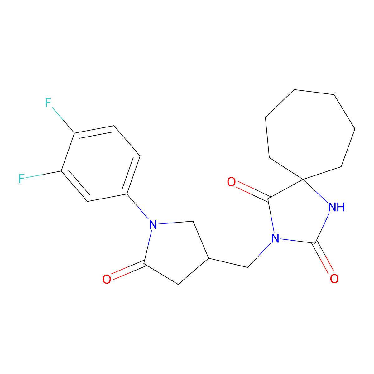 3-{[1-(3,4-Difluorophenyl)-5-oxopyrrolidin-3-yl]methyl}-1,3-diazaspiro[4.6]undecane-2,4-dione molecular structure, CAS 3054565-79-3