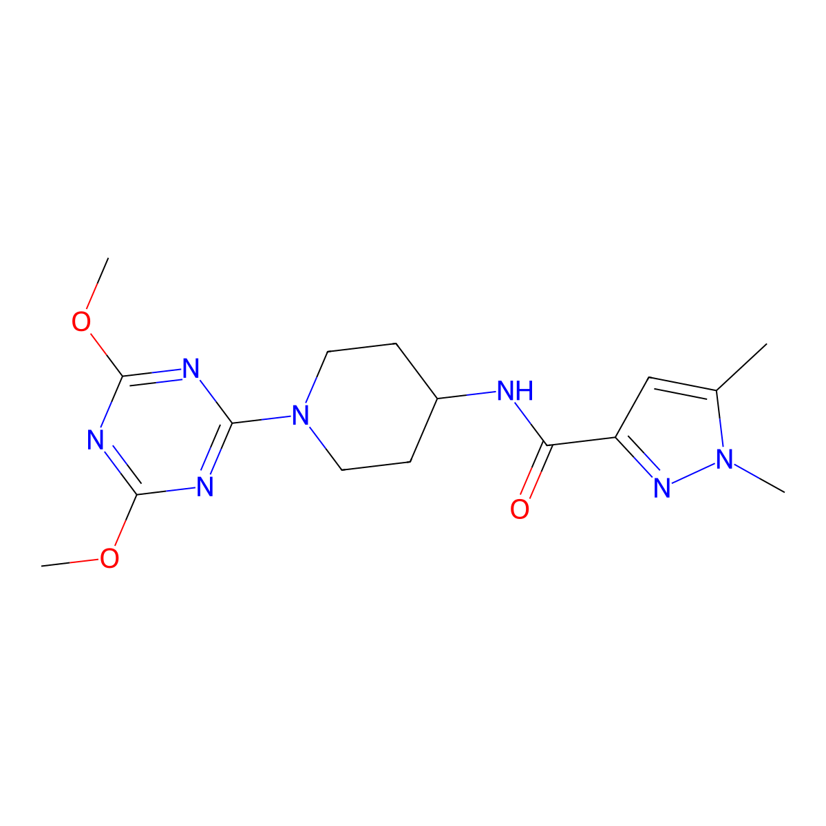 N-[1-(4,6-dimethoxy-1,3,5-triazin-2-yl)piperidin-4-yl]-1,5-dimethyl-1H-pyrazole-3-carboxamide molecular structure, CAS 3054565-97-5
