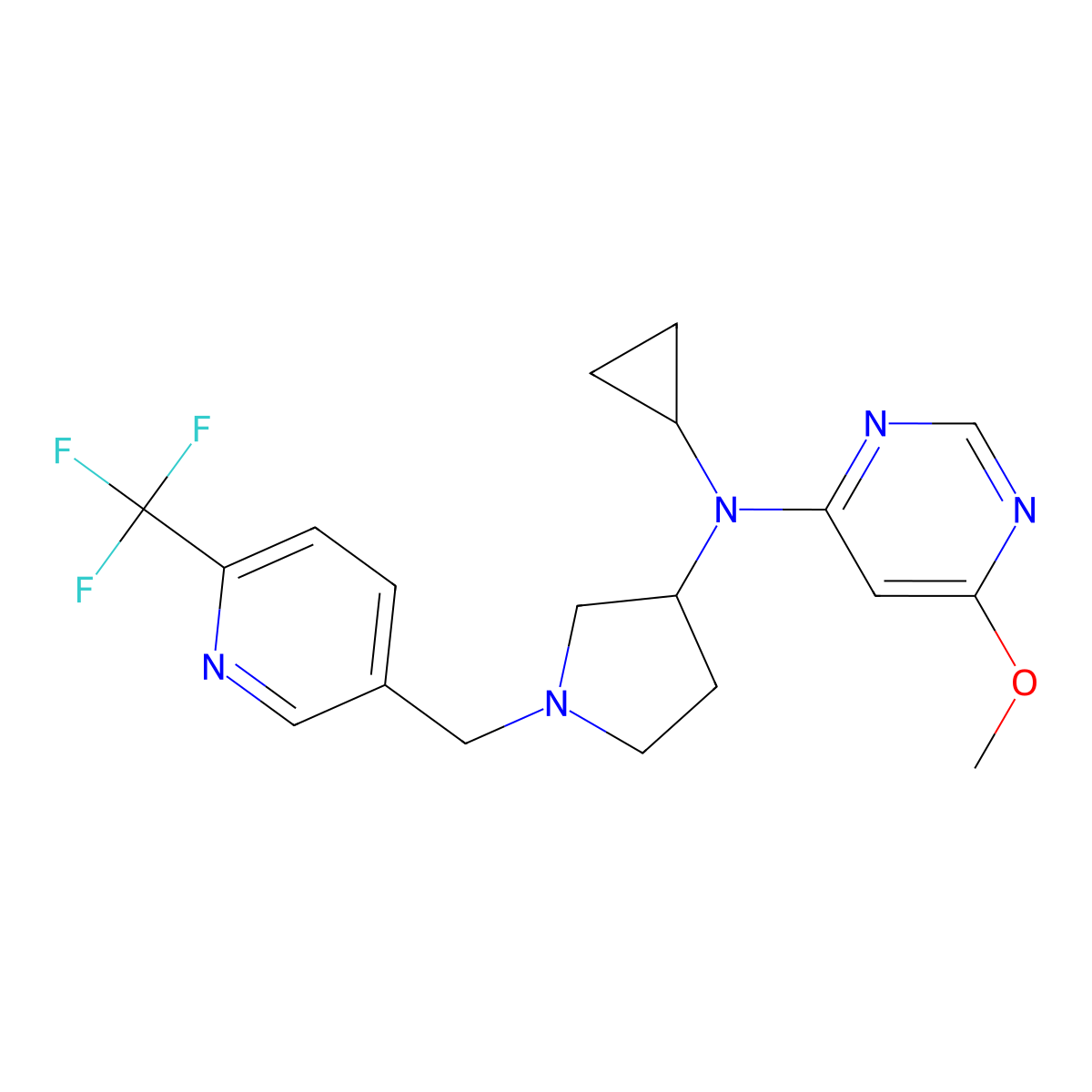 N-cyclopropyl-6-methoxy-N-(1-{[6-(trifluoromethyl)pyridin-3-yl]methyl}pyrrolidin-3-yl)pyrimidin-4-amine molecular structure, CAS 3054565-98-6