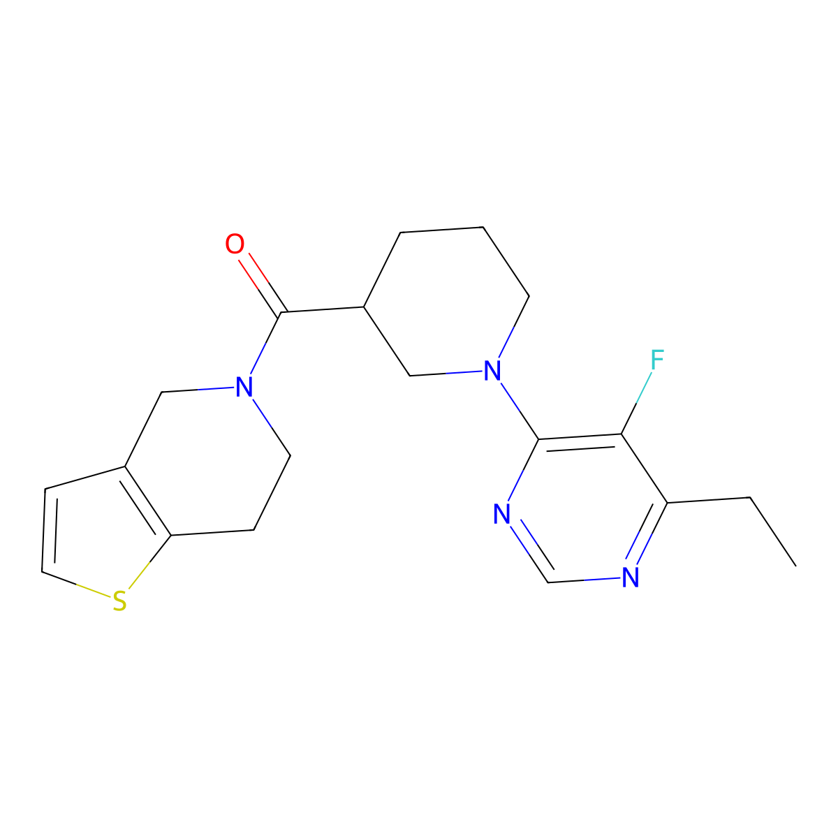 4-ethyl-5-fluoro-6-(3-{4H,5H,6H,7H-thieno[3,2-c]pyridine-5-carbonyl}piperidin-1-yl)pyrimidine molecular structure, CAS 3054565-99-7