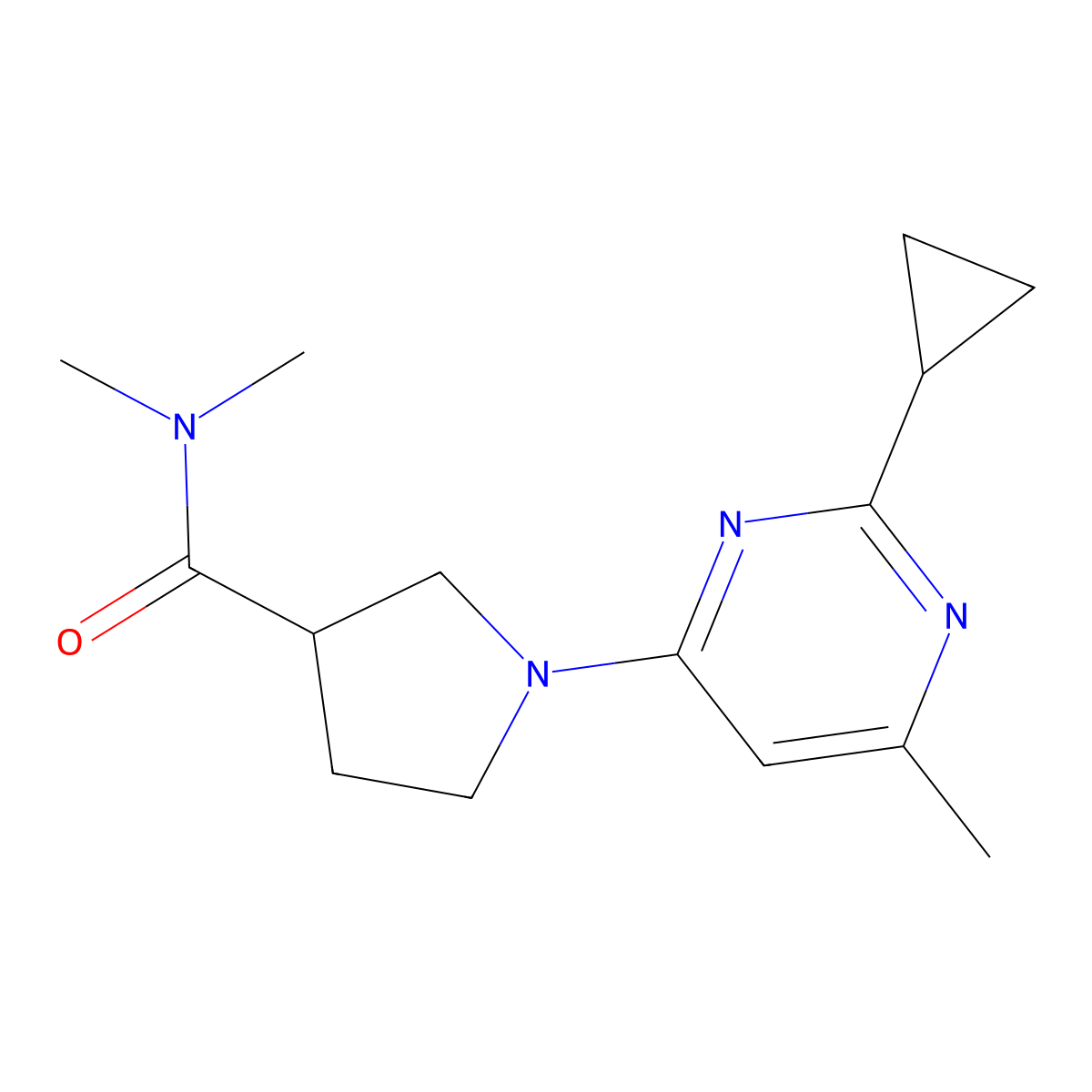 1-(2-cyclopropyl-6-methylpyrimidin-4-yl)-N,N-dimethylpyrrolidine-3-carboxamide molecular structure, CAS 3054566-04-7