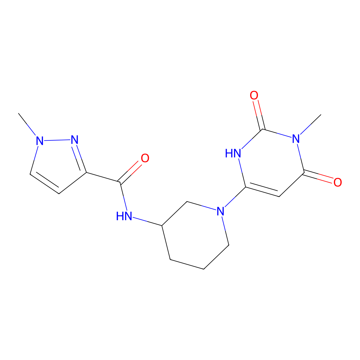 1-methyl-N-[1-(1-methyl-2,6-dioxo-1,2,3,6-tetrahydropyrimidin-4-yl)piperidin-3-yl]-1H-pyrazole-3-carboxamide molecular structure, CAS 3054566-05-8