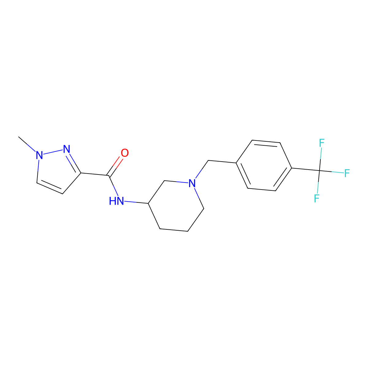 1-methyl-N-(1-{[4-(trifluoromethyl)phenyl]methyl}piperidin-3-yl)-1H-pyrazole-3-carboxamide molecular structure, CAS 3054566-06-9