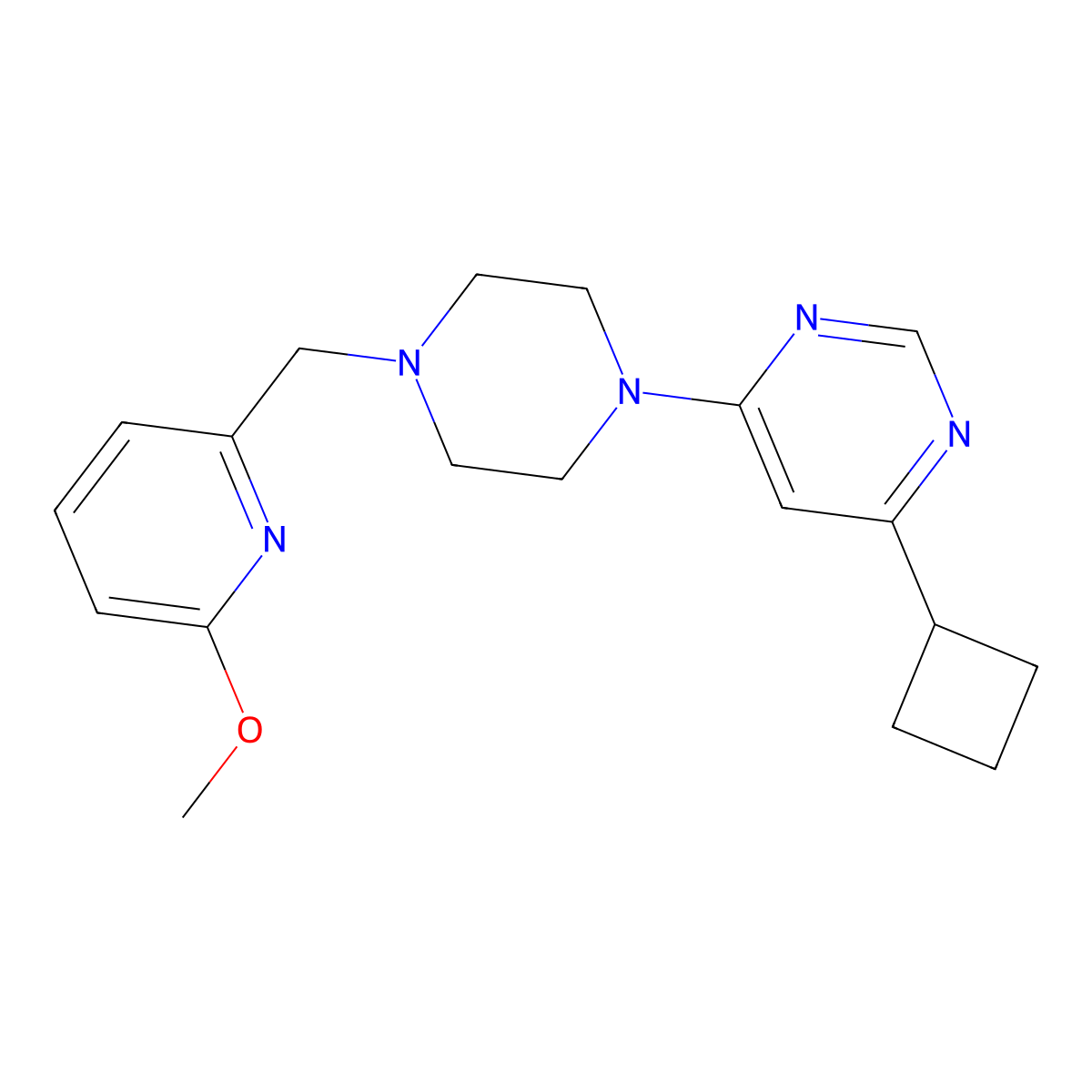 4-Cyclobutyl-6-{4-[(6-methoxypyridin-2-yl)methyl]piperazin-1-yl}pyrimidine molecular structure, CAS 3054566-12-7
