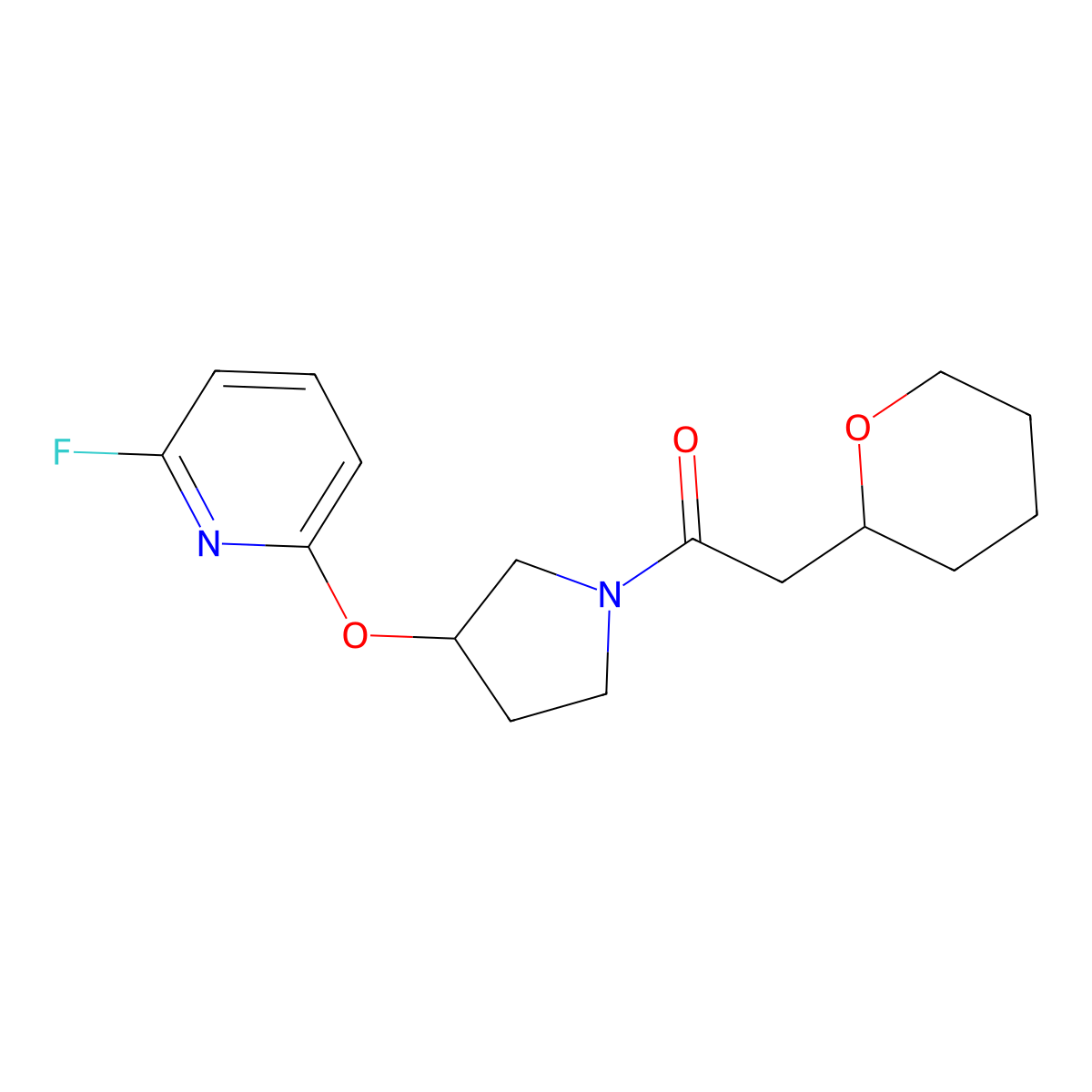 1-{3-[(6-Fluoropyridin-2-yl)oxy]pyrrolidin-1-yl}-2-(oxan-2-yl)ethan-1-one molecular structure, CAS 3054566-13-8