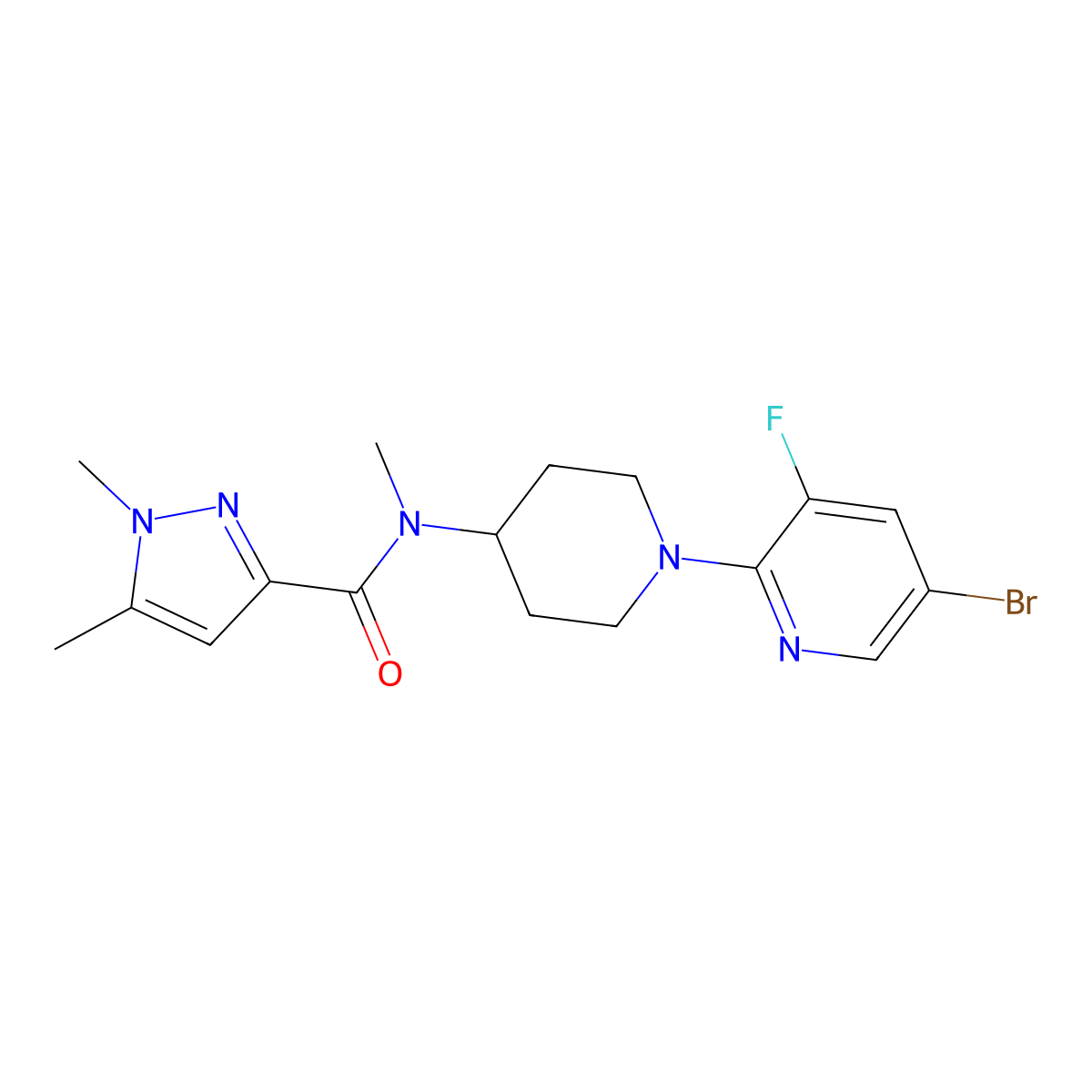N-[1-(5-bromo-3-fluoropyridin-2-yl)piperidin-4-yl]-N,1,5-trimethyl-1H-pyrazole-3-carboxamide molecular structure, CAS 3054566-20-7