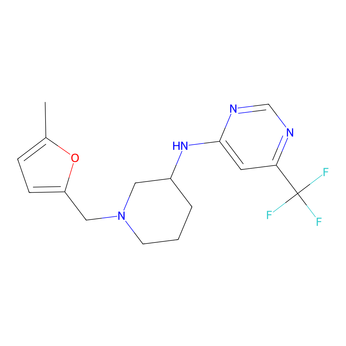 N-{1-[(5-methylfuran-2-yl)methyl]piperidin-3-yl}-6-(trifluoromethyl)pyrimidin-4-amine molecular structure, CAS 3054566-21-8