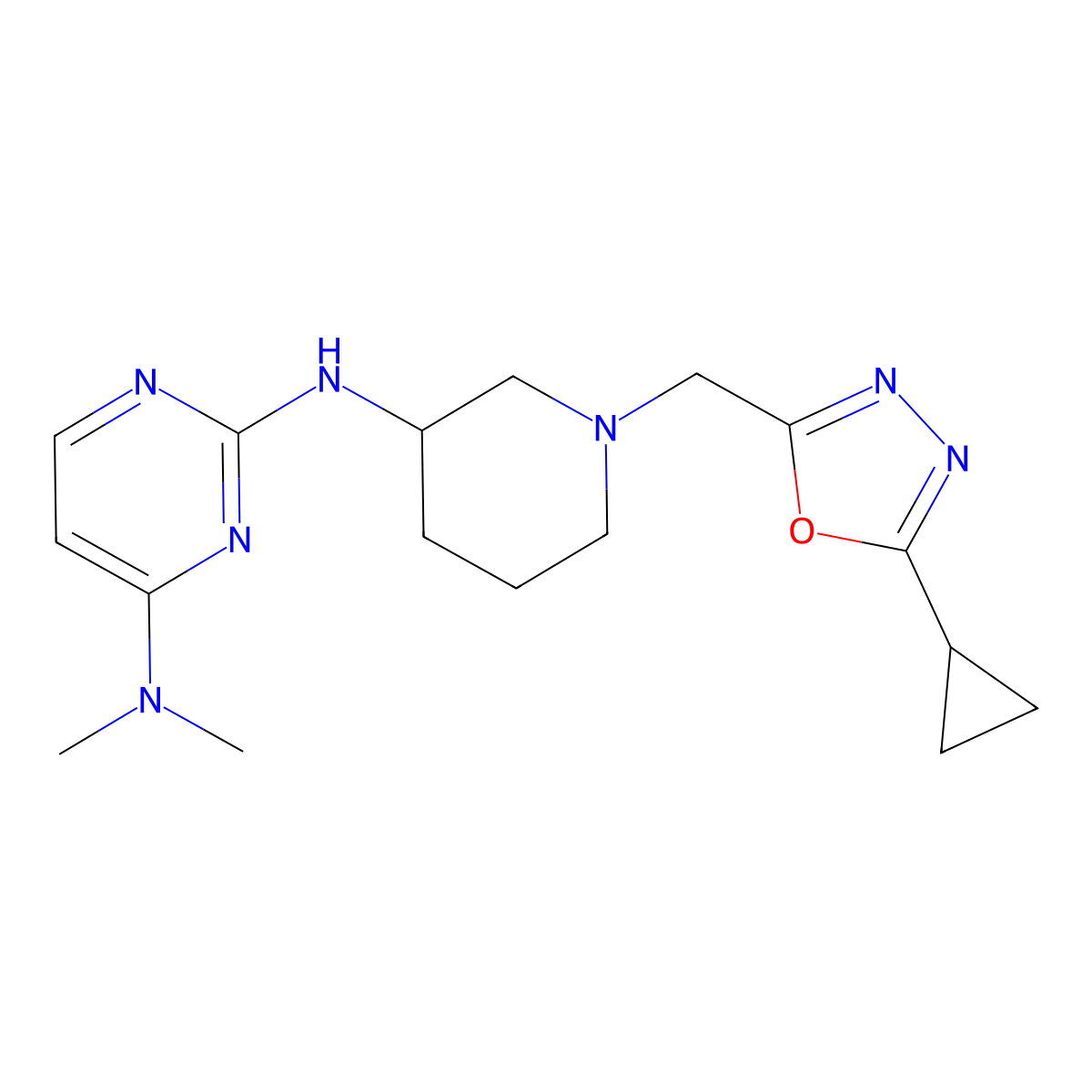 N2-{1-[(5-cyclopropyl-1,3,4-oxadiazol-2-yl)methyl]piperidin-3-yl}-N4,N4-dimethylpyrimidine-2,4-diamine molecular structure, CAS 3054566-27-4