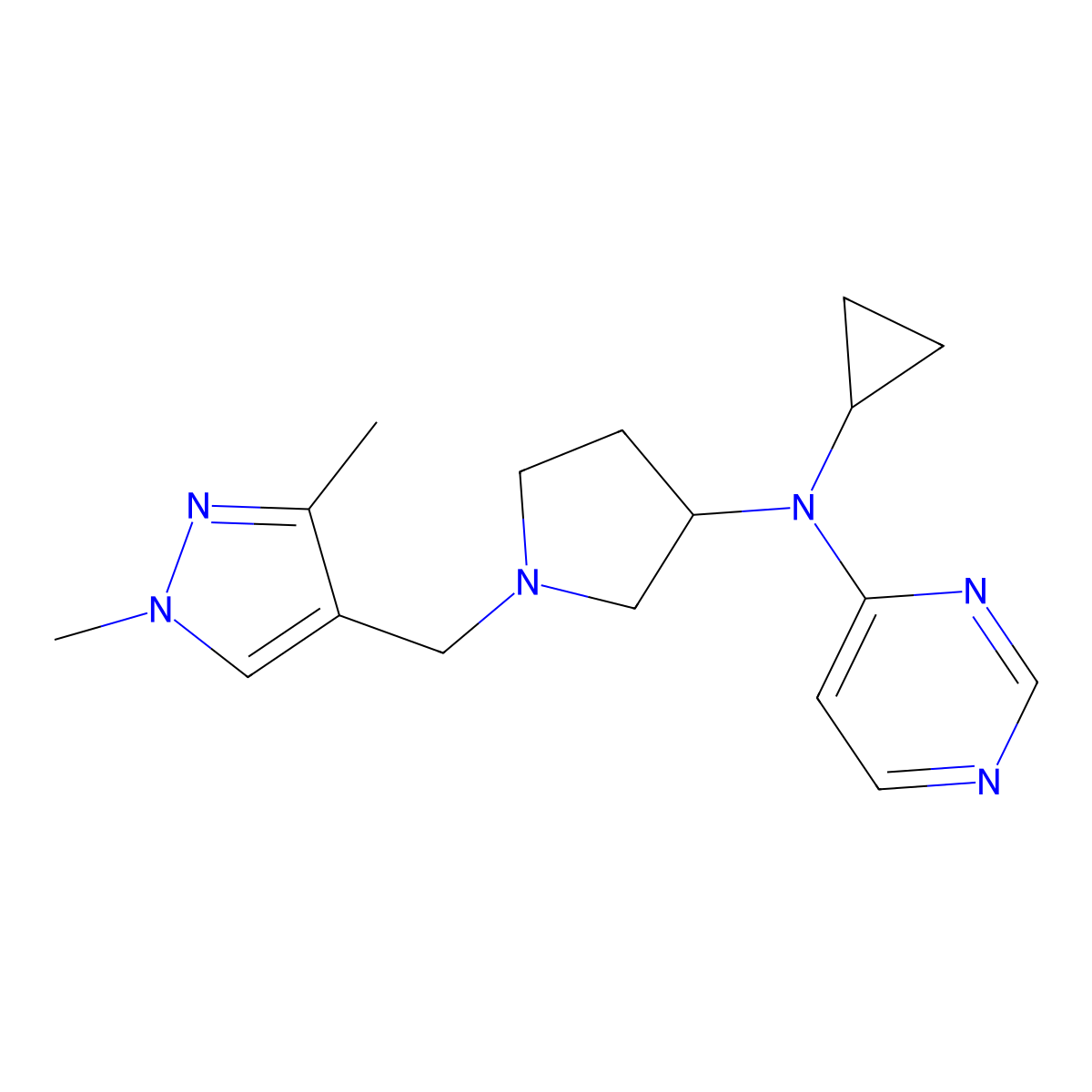 N-cyclopropyl-N-{1-[(1,3-dimethyl-1H-pyrazol-4-yl)methyl]pyrrolidin-3-yl}pyrimidin-4-amine molecular structure, CAS 3054566-30-9