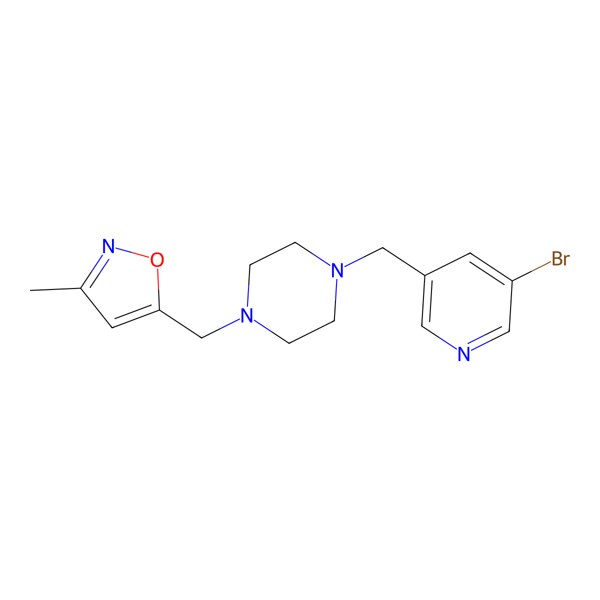 1-[(5-Bromopyridin-3-yl)methyl]-4-[(3-methyl-1,2-oxazol-5-yl)methyl]piperazine molecular structure, CAS 3054566-32-1