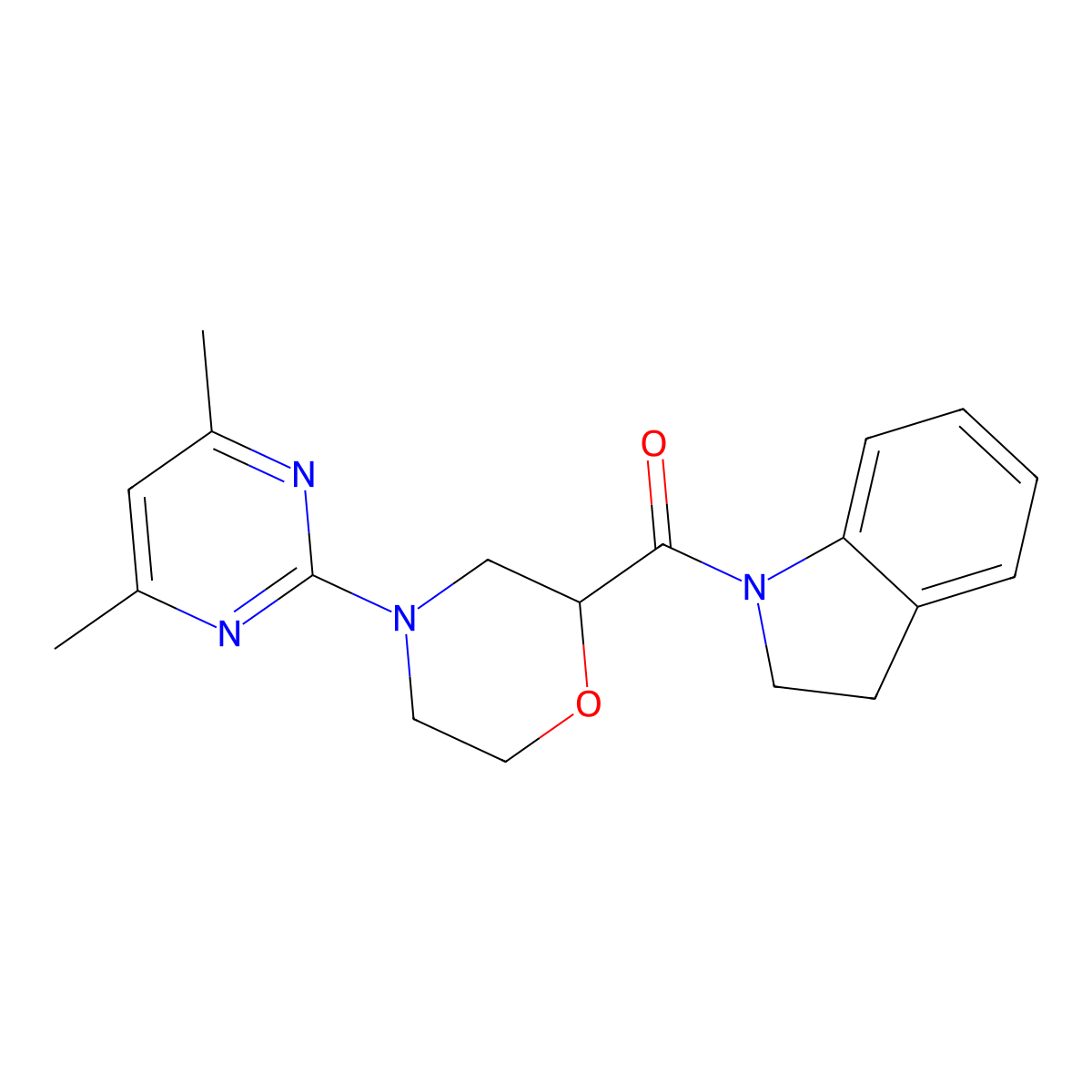 1-[4-(4,6-dimethylpyrimidin-2-yl)morpholine-2-carbonyl]-2,3-dihydro-1H-indole molecular structure, CAS 3054566-33-2