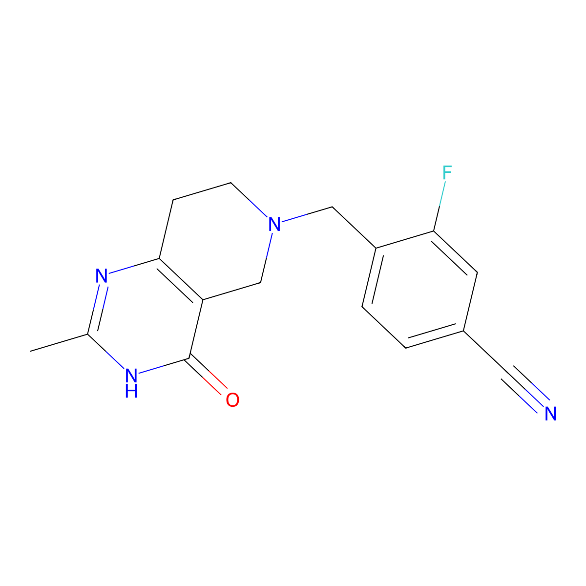 3-fluoro-4-({2-methyl-4-oxo-3H,4H,5H,6H,7H,8H-pyrido[4,3-d]pyrimidin-6-yl}methyl)benzonitrile molecular structure, CAS 3054566-42-3