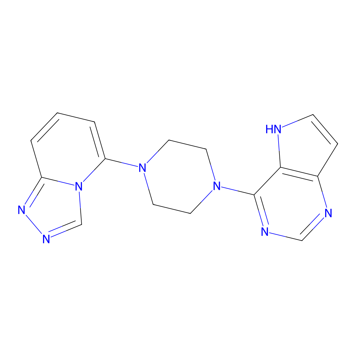 1-{5H-pyrrolo[3,2-d]pyrimidin-4-yl}-4-{[1,2,4]triazolo[4,3-a]pyridin-5-yl}piperazine molecular structure, CAS 3054566-44-5