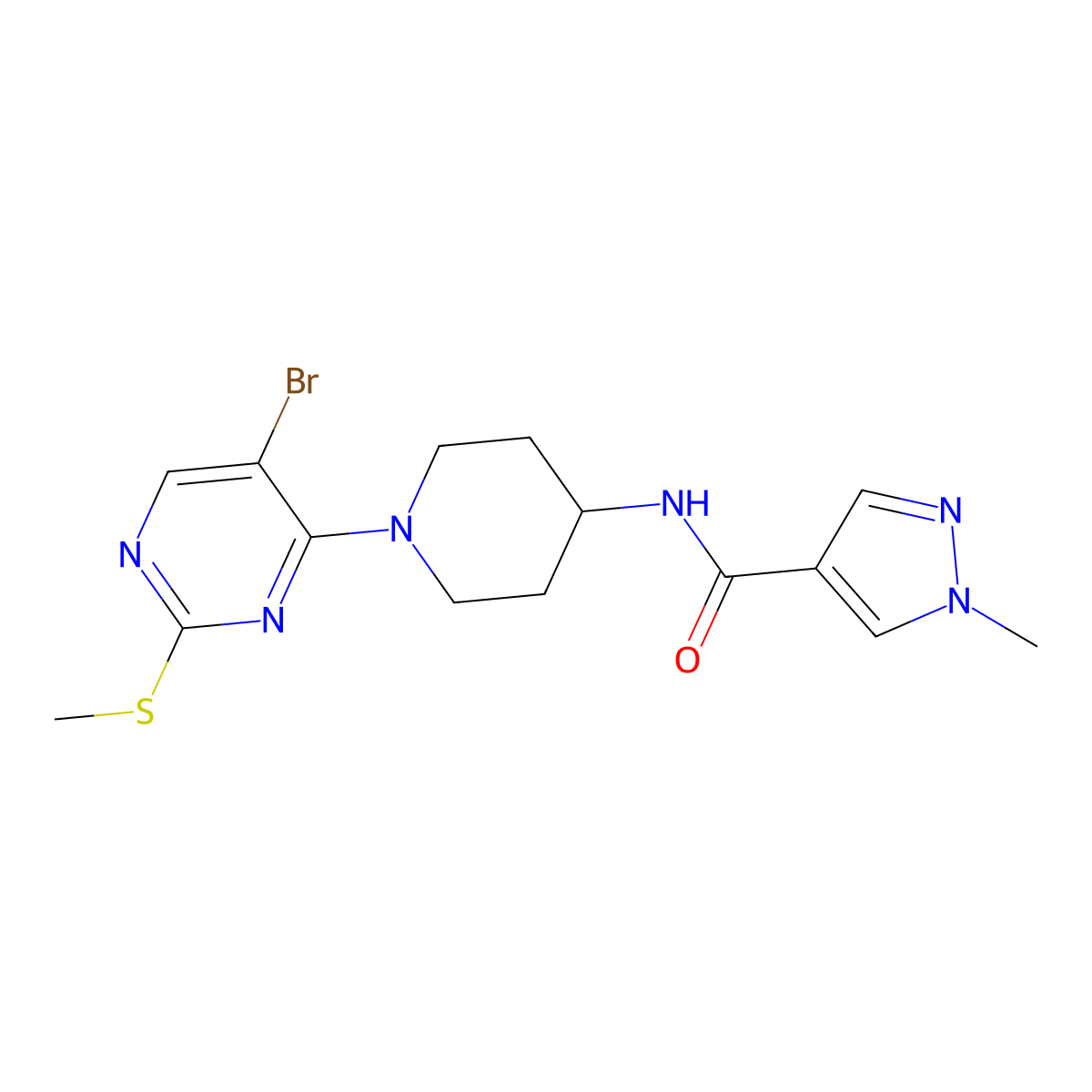 N-{1-[5-bromo-2-(methylsulfanyl)pyrimidin-4-yl]piperidin-4-yl}-1-methyl-1H-pyrazole-4-carboxamide molecular structure, CAS 3054566-46-7