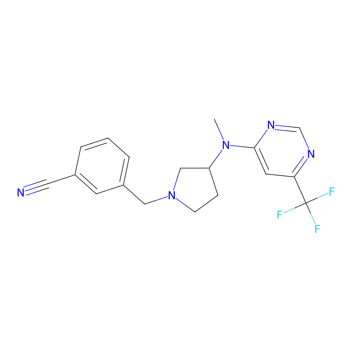 3-[(3-{Methyl[6-(trifluoromethyl)pyrimidin-4-yl]amino}pyrrolidin-1-yl)methyl]benzonitrile molecular structure, CAS 3054566-47-8