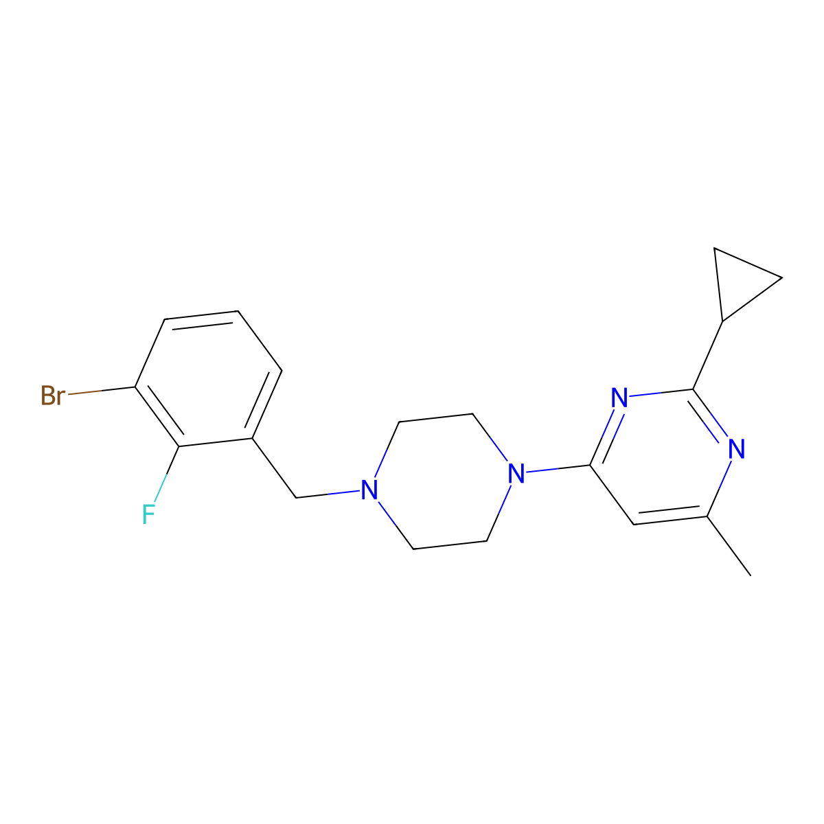 4-[4-[(3-Bromo-2-fluorophenyl)methyl]piperazin-1-yl]-2-cyclopropyl-6-methylpyrimidine molecular structure, CAS 3054566-57-0