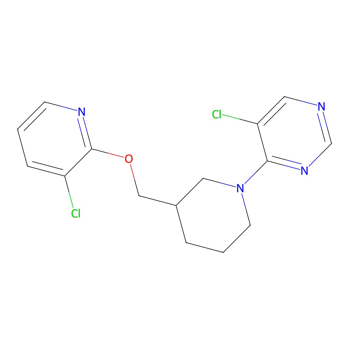 5-Chloro-4-(3-{[(3-chloropyridin-2-yl)oxy]methyl}piperidin-1-yl)pyrimidine molecular structure, CAS 3054566-58-1