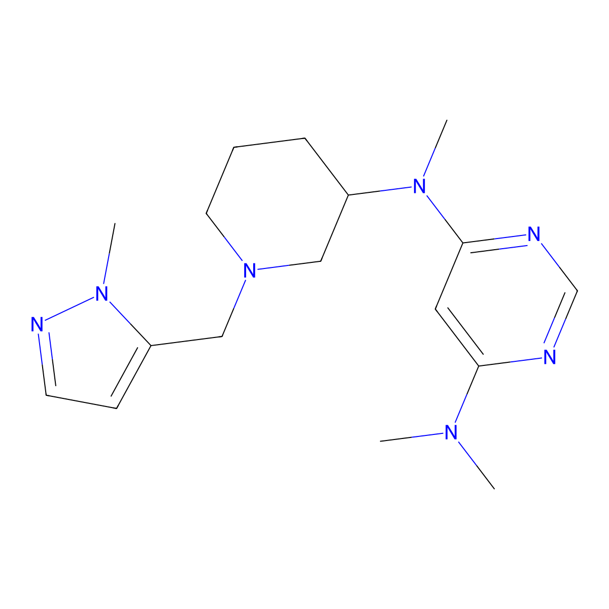 N4,N4,N6-trimethyl-N6-{1-[(1-methyl-1H-pyrazol-5-yl)methyl]piperidin-3-yl}pyrimidine-4,6-diamine molecular structure, CAS 3054566-60-5