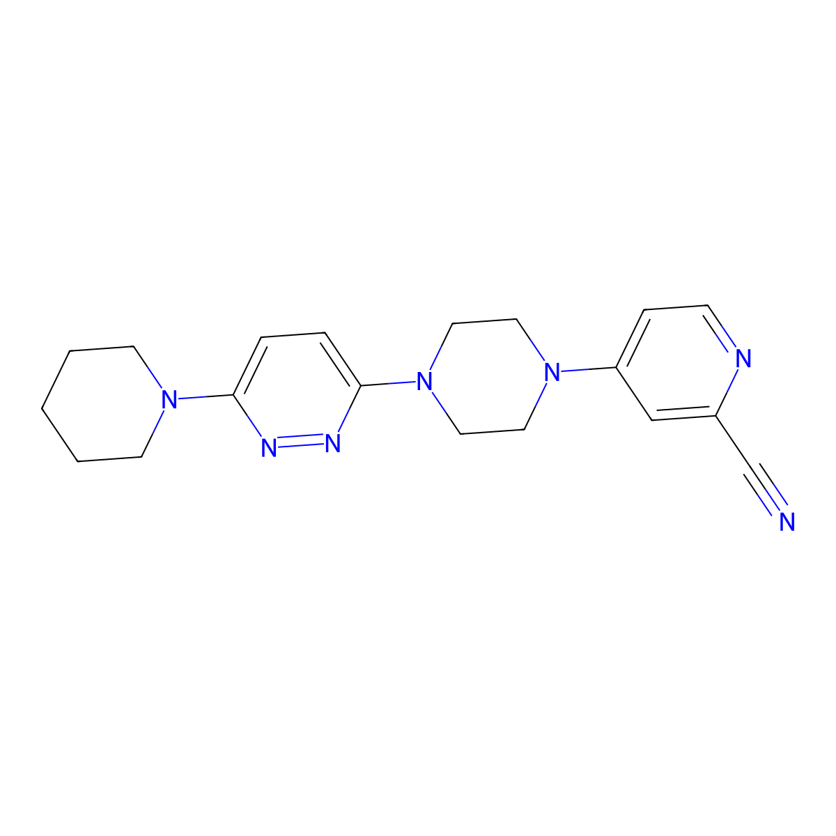 4-{4-[6-(Piperidin-1-yl)pyridazin-3-yl]piperazin-1-yl}pyridine-2-carbonitrile molecular structure, CAS 3054566-61-6