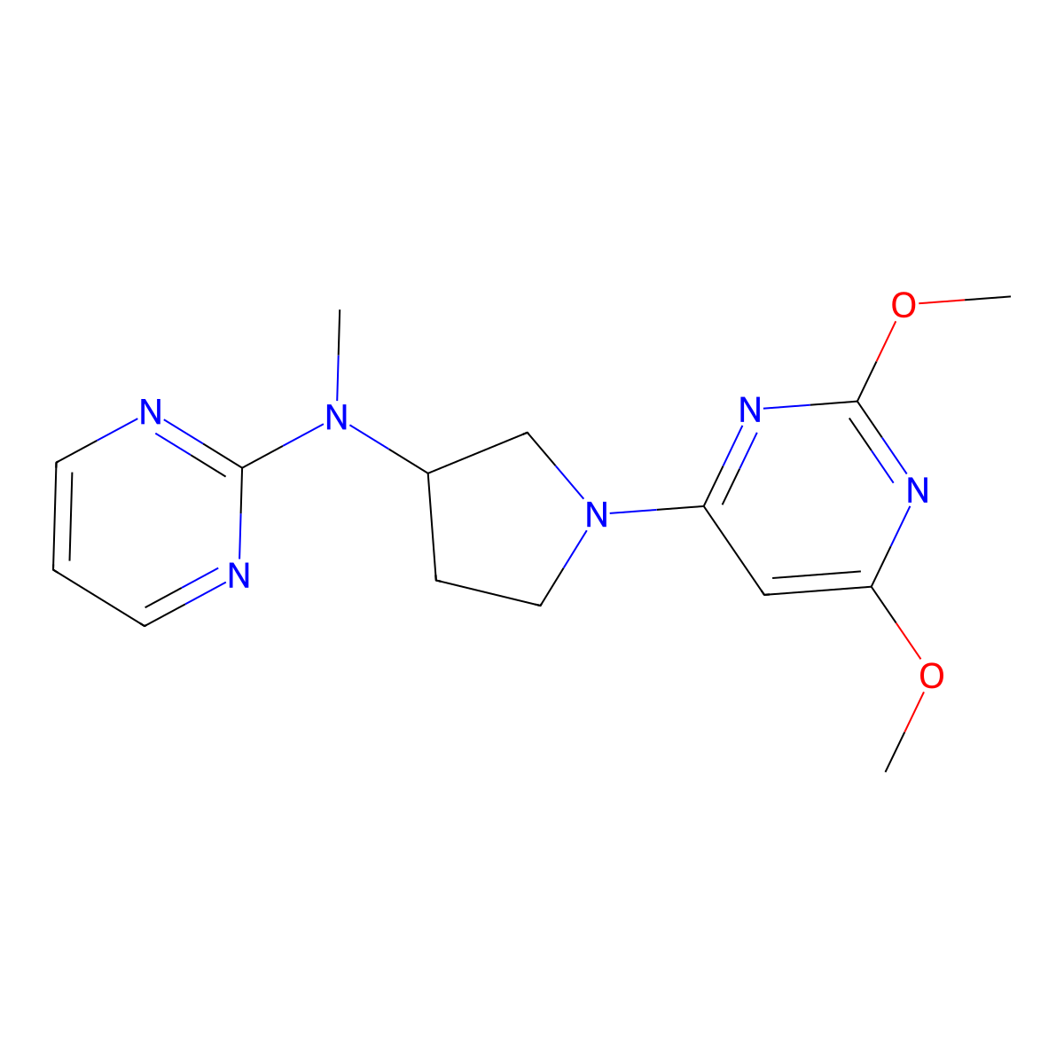 N-[1-(2,6-dimethoxypyrimidin-4-yl)pyrrolidin-3-yl]-N-methylpyrimidin-2-amine molecular structure, CAS 3054566-83-2