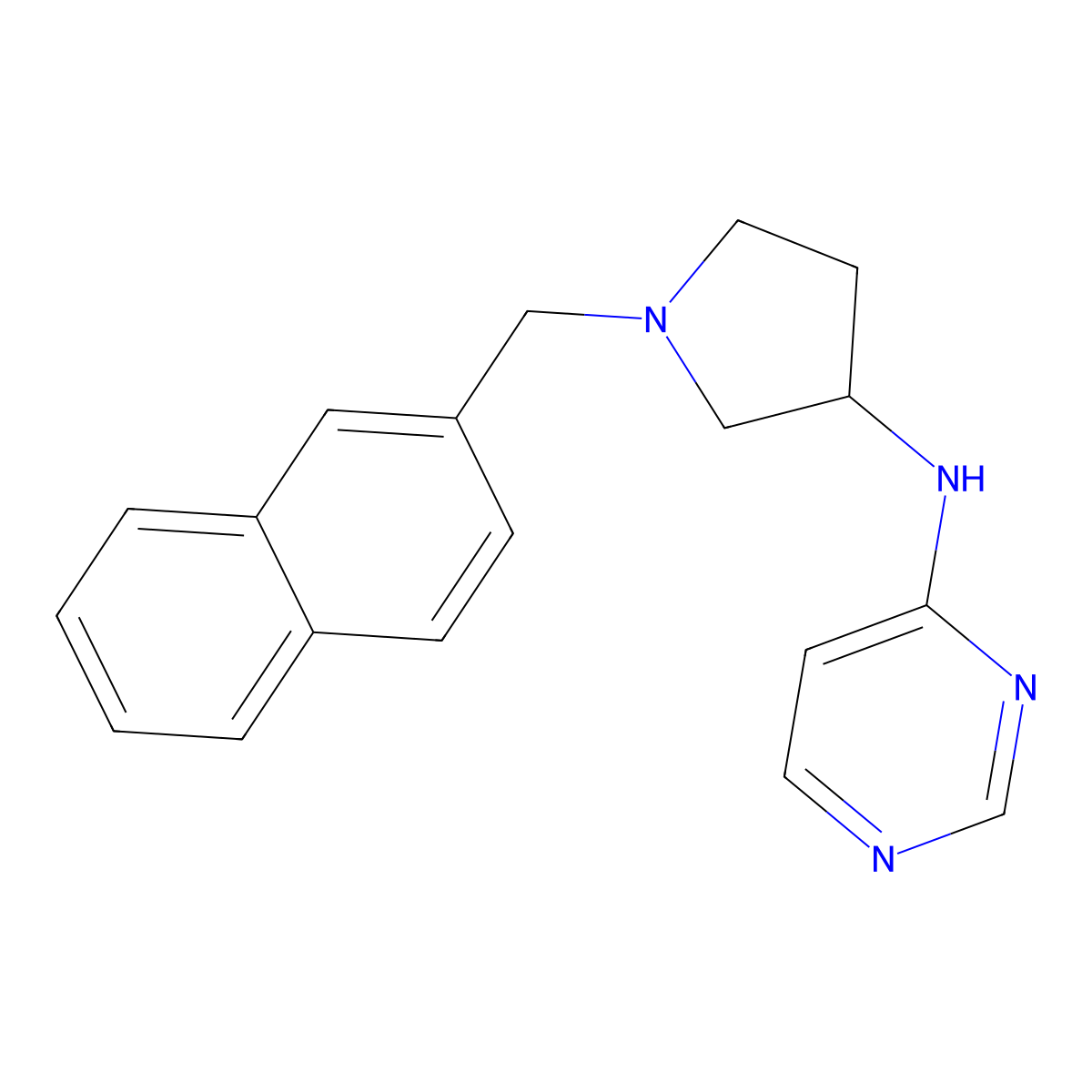 N-{1-[(naphthalen-2-yl)methyl]pyrrolidin-3-yl}pyrimidin-4-amine molecular structure, CAS 3054566-87-6