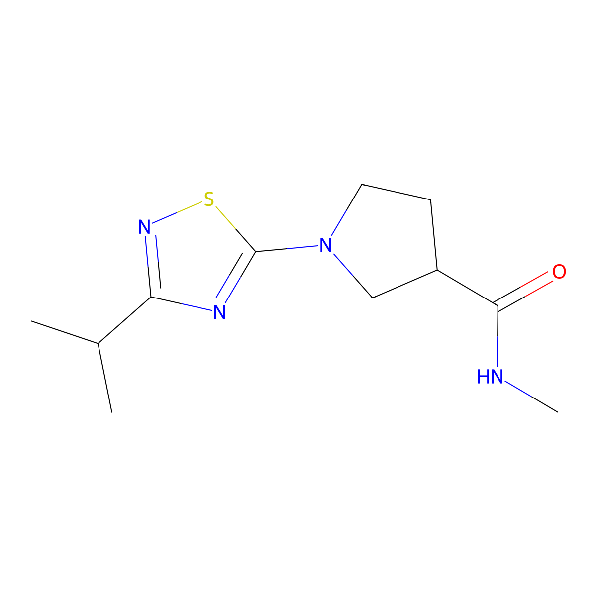 N-methyl-1-[3-(propan-2-yl)-1,2,4-thiadiazol-5-yl]pyrrolidine-3-carboxamide molecular structure, CAS 3054566-88-7