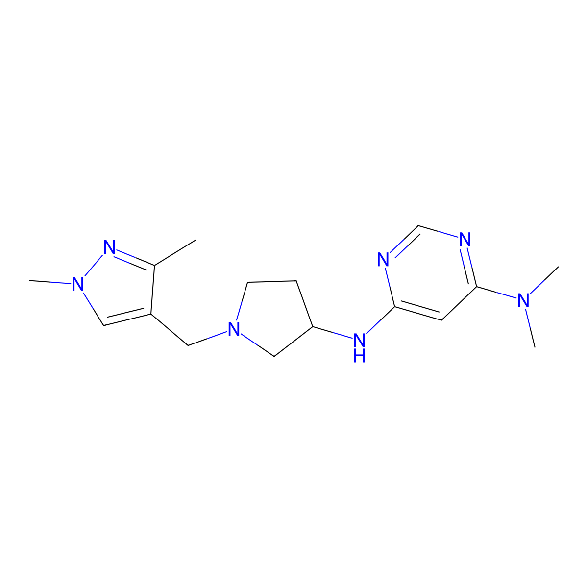 N6-{1-[(1,3-dimethyl-1H-pyrazol-4-yl)methyl]pyrrolidin-3-yl}-N4,N4-dimethylpyrimidine-4,6-diamine molecular structure, CAS 3054566-94-5