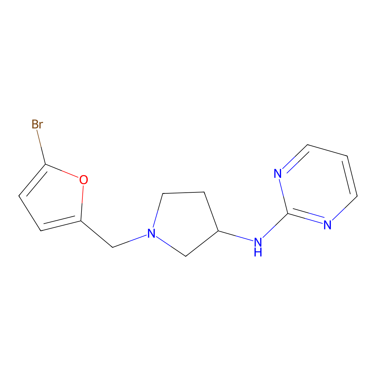 N-{1-[(5-bromofuran-2-yl)methyl]pyrrolidin-3-yl}pyrimidin-2-amine molecular structure, CAS 3054566-99-0