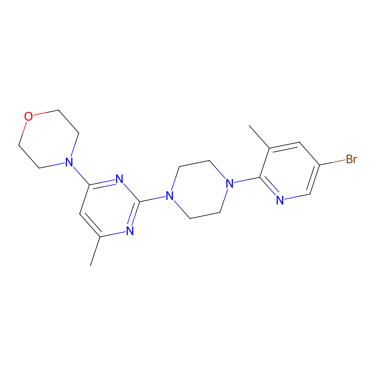4-{2-[4-(5-Bromo-3-methylpyridin-2-yl)piperazin-1-yl]-6-methylpyrimidin-4-yl}morpholine molecular structure, CAS 3054567-02-8