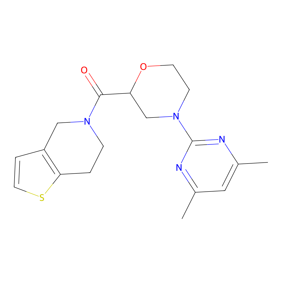 4-(4,6-dimethylpyrimidin-2-yl)-2-{4H,5H,6H,7H-thieno[3,2-c]pyridine-5-carbonyl}morpholine molecular structure, CAS 3054567-07-3