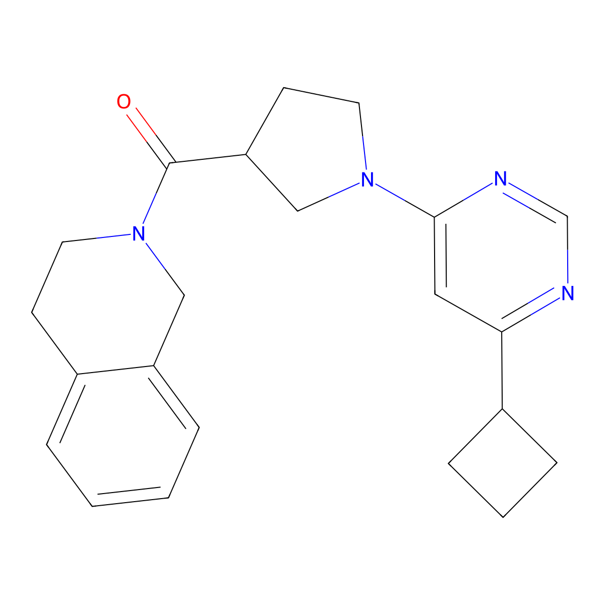 2-[1-(6-Cyclobutylpyrimidin-4-yl)pyrrolidine-3-carbonyl]-1,2,3,4-tetrahydroisoquinoline molecular structure, CAS 3054567-18-6