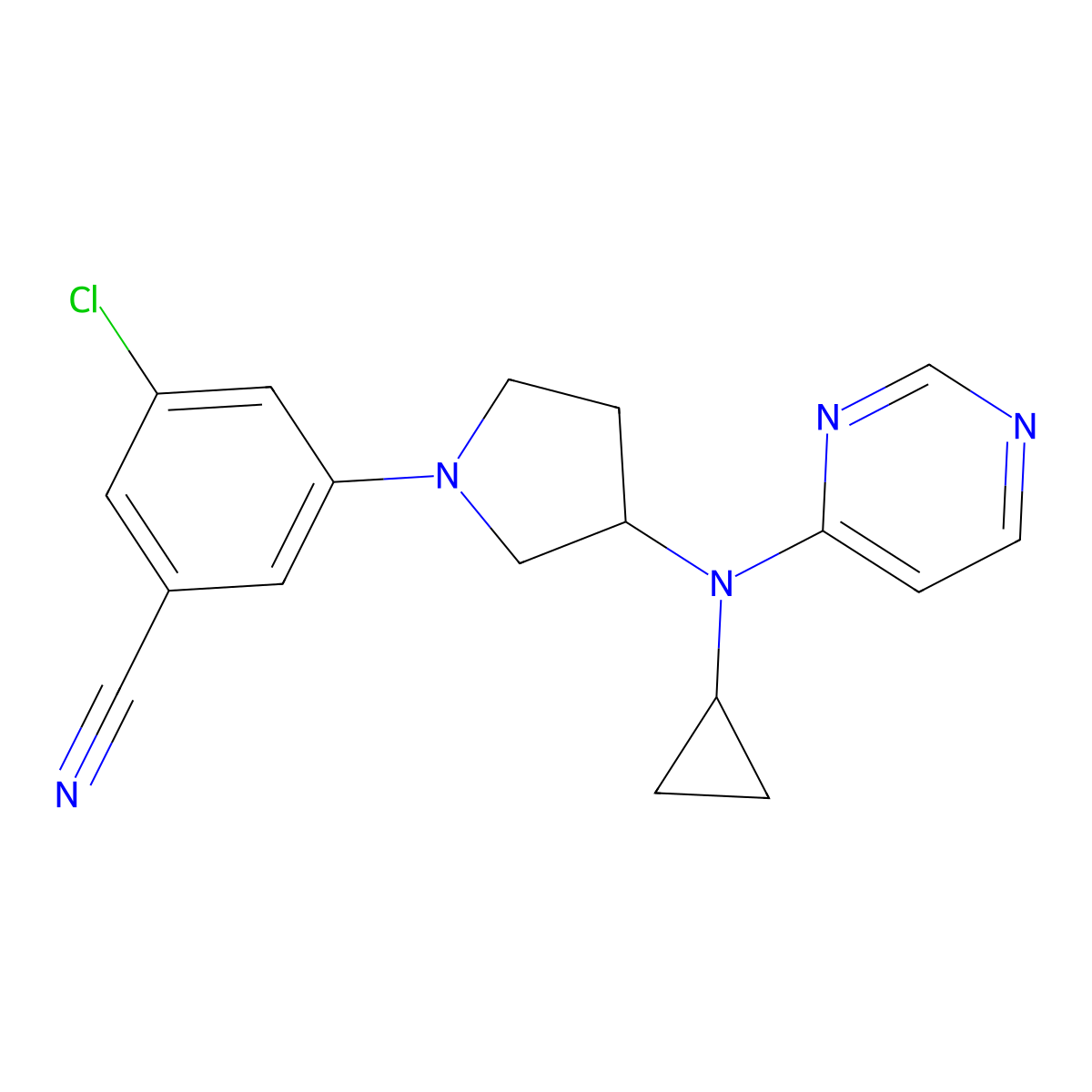 3-Chloro-5-{3-[cyclopropyl(pyrimidin-4-yl)amino]pyrrolidin-1-yl}benzonitrile molecular structure, CAS 3054567-22-2