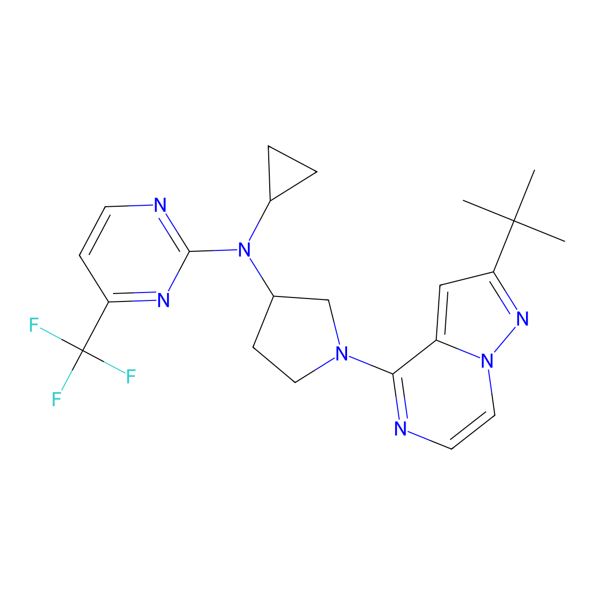 N-(1-{2-tert-butylpyrazolo[1,5-a]pyrazin-4-yl}pyrrolidin-3-yl)-N-cyclopropyl-4-(trifluoromethyl)pyrimidin-2-amine molecular structure, CAS 3054567-24-4