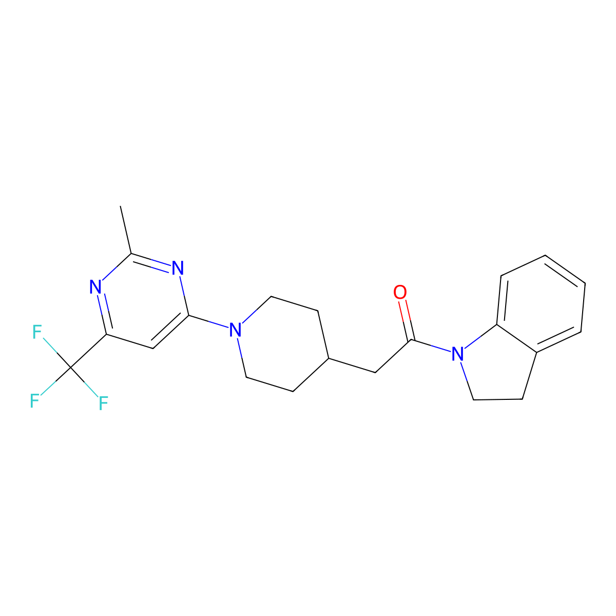 1-(2,3-dihydro-1H-indol-1-yl)-2-{1-[2-methyl-6-(trifluoromethyl)pyrimidin-4-yl]piperidin-4-yl}ethan-1-one molecular structure, CAS 3054567-26-6