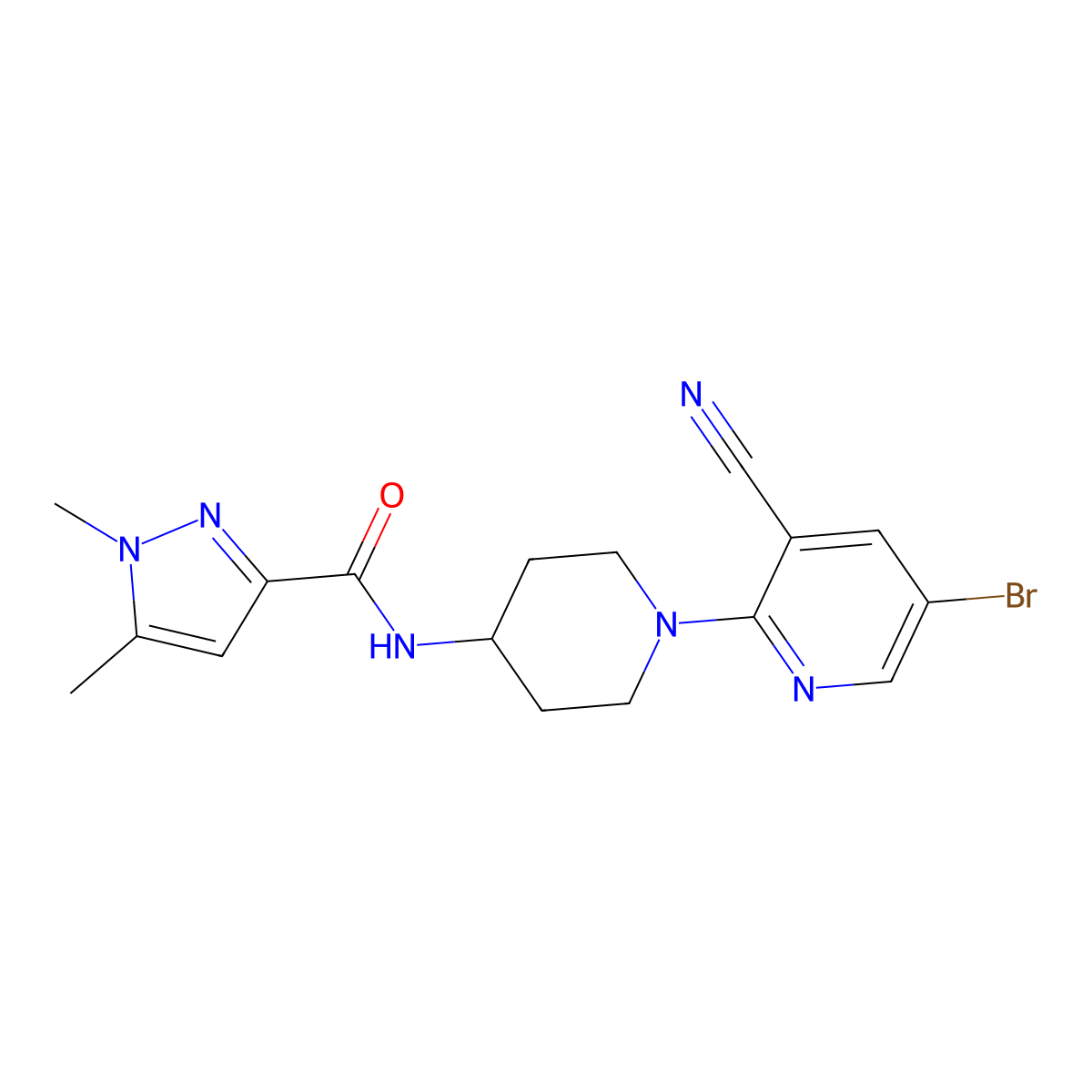 N-[1-(5-bromo-3-cyanopyridin-2-yl)piperidin-4-yl]-1,5-dimethyl-1H-pyrazole-3-carboxamide molecular structure, CAS 3054567-27-7