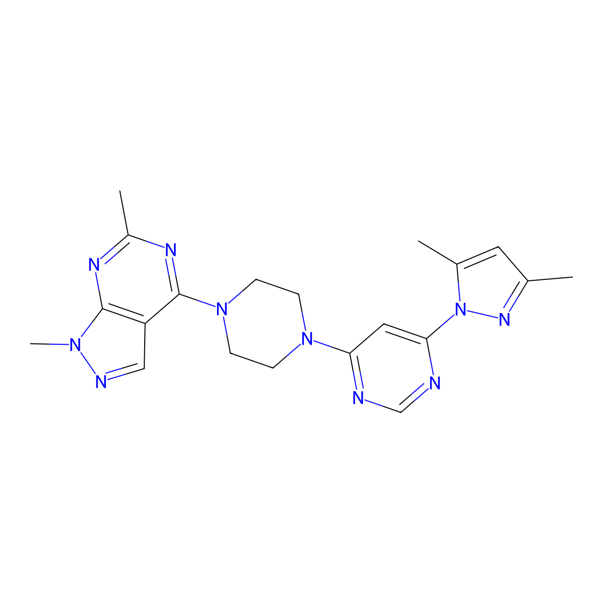 4-(3,5-dimethyl-1H-pyrazol-1-yl)-6-(4-{1,6-dimethyl-1H-pyrazolo[3,4-d]pyrimidin-4-yl}piperazin-1-yl)pyrimidine molecular structure, CAS 3054567-36-8