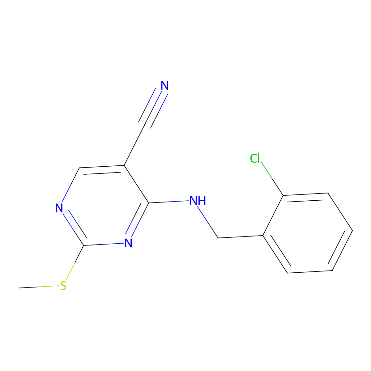 4-{[(2-Chlorophenyl)methyl]amino}-2-(methylsulfanyl)pyrimidine-5-carbonitrile molecular structure, CAS 3054567-53-9